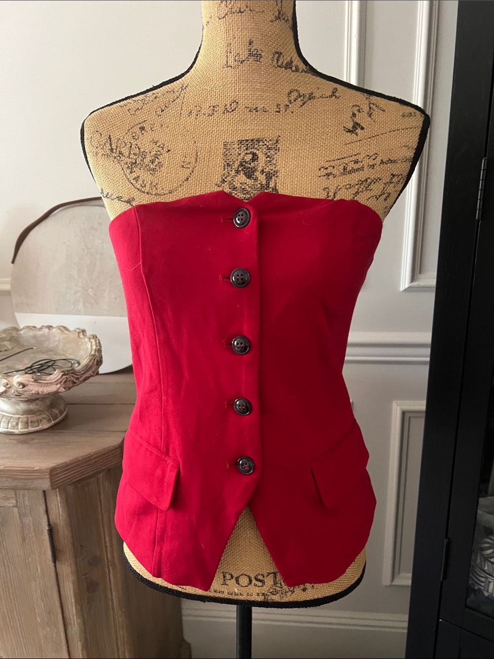 Strapless Red Button-Front Bustier Top